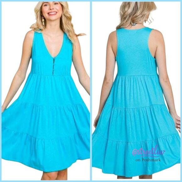 Culture Code ~ NEW Women's Tiered Button Front Racerback Midi Dress Blue ~ 1X - Picture 2 of 7